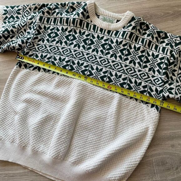 Vintage Fair Isle Knit Sweater Fisherman Cream & Green Chunky Cozy Unisex XL 90s - Picture 4 of 8